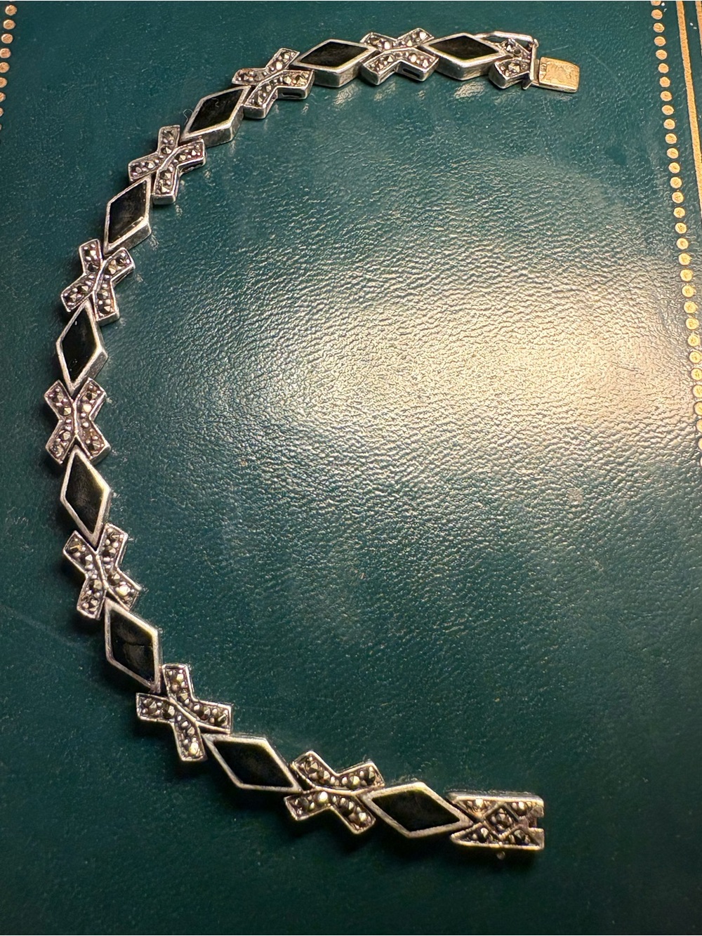 Sterling Silver Black Onyx Marcasite Cross-Link & Diamond Bracelet 8”
